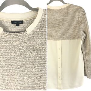 Beige Sweater Top S Layering Contrasting Buttoned Back Long Sleeves Tan Knit
